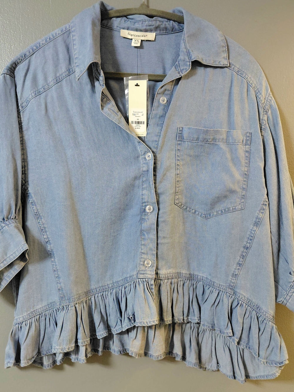 Francesca's Collections Light Blue Ruffle-Hem Button-Down Shirt
